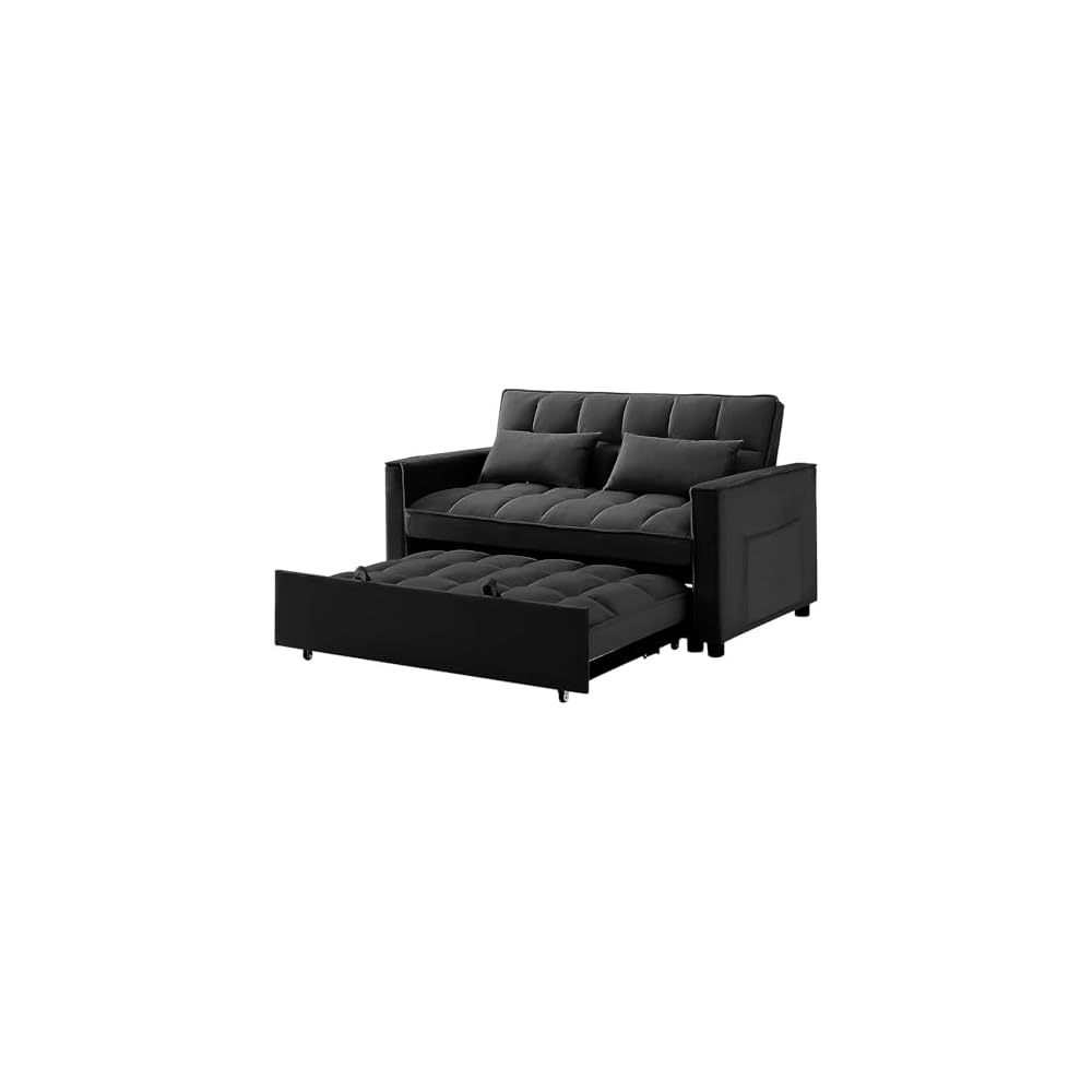 3-in-1 Pull Out Couch, 55.3'' Convertible Futon Sofa Bed, Velvet Sleeper Loveseat with Pillows, Pockets, Small Sofa Cama for Living Room, Apartment, Black