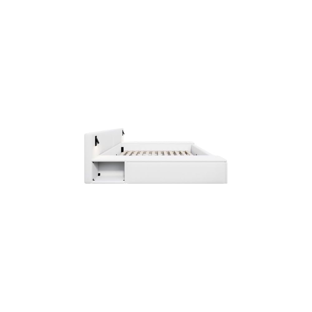 Bouclé Upholstered Platform Bed with Headboard, Hidden Storage,White