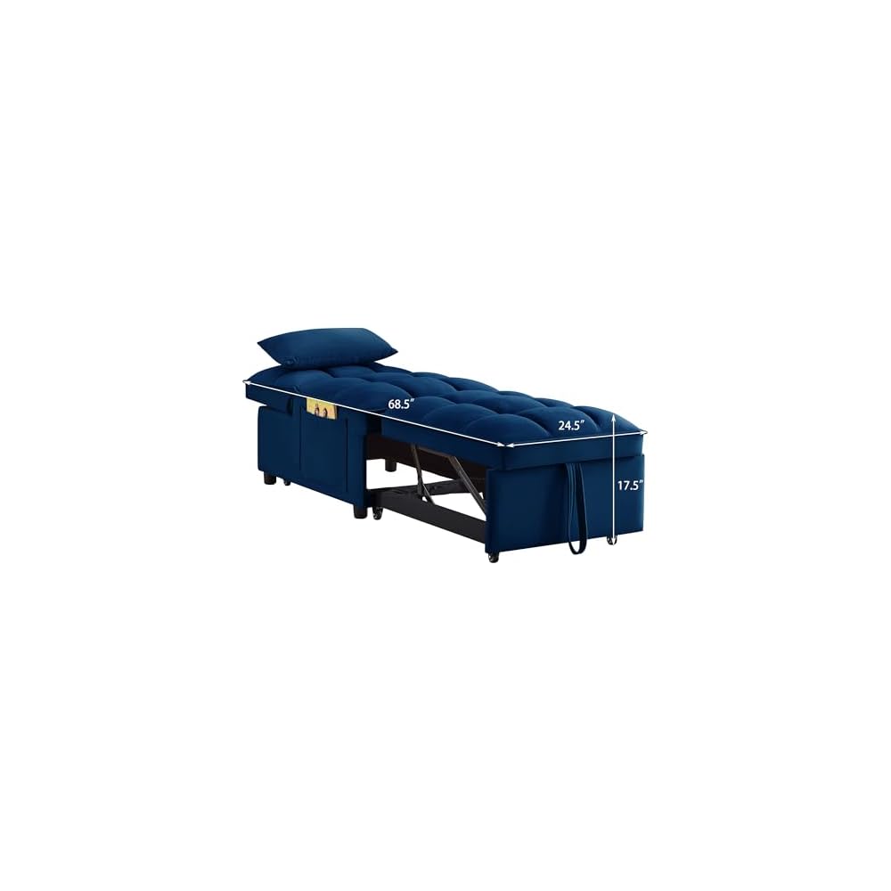 4 in1 Multi-Function Single Sofa Bed with Storage Pockets,Tufted Single Pull-Out Sofa Bed with Adjustable Backrest and Pillows,Convertible Chaise Lounge,for Small Room Apartment (Navy)