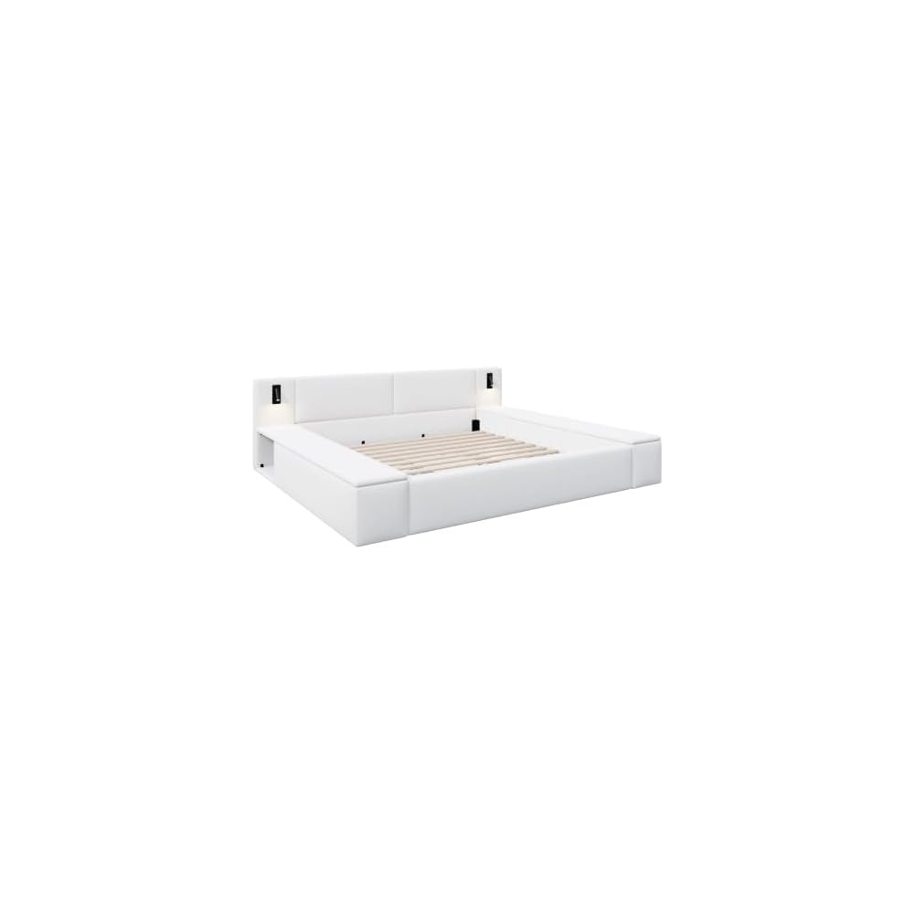 Bouclé Upholstered Platform Bed with Headboard, Hidden Storage,White