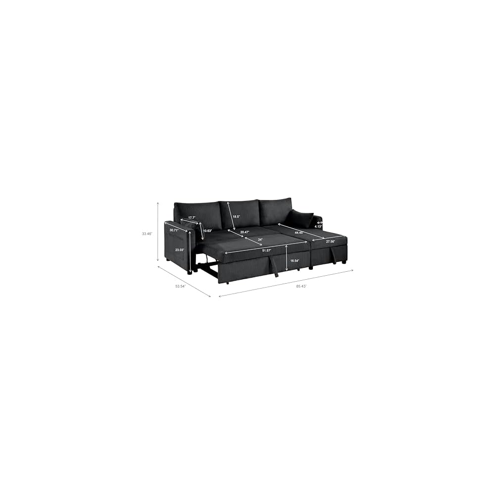 Sectional Sleeper Sofa with Pull Out Bed, L Shape Convertible Sofa Bed Couch with Storage Chaise, 3 in 1 Pull Out Sofa Bed with 3 Seats for Living Room,Apartment, Black, 85Inch