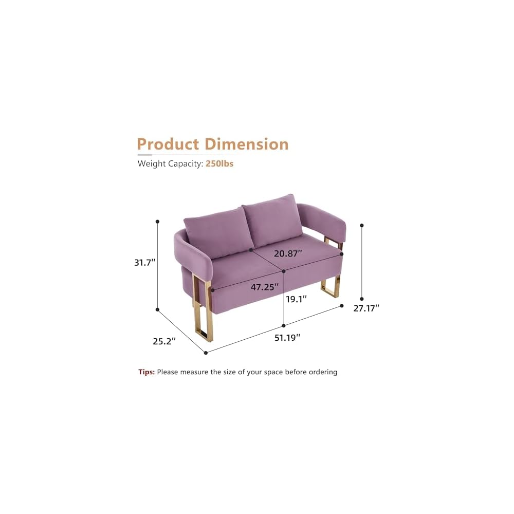 51 Inch Lilac Loveseat Sofa, Teddy Office Love Seat with 2 Pillows for Small Spaces, Small Two Seater Couch with Metal Gold Legs & Side Pockets, Modern Loveseats for Bedroom Living Room (Lilac)