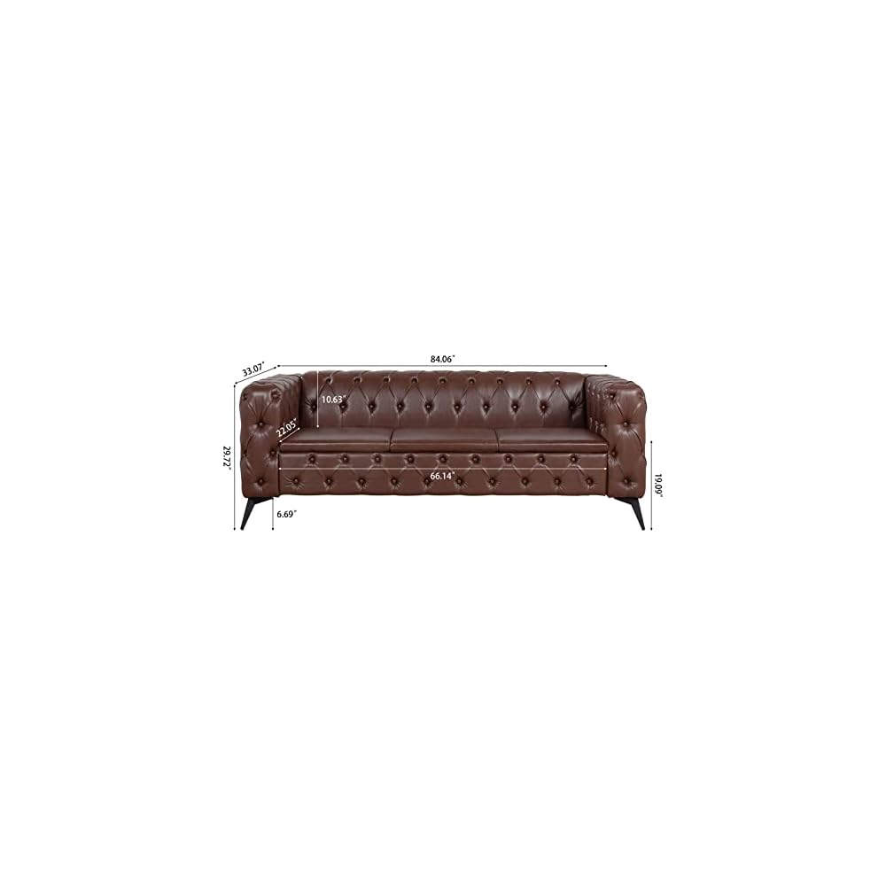 Brown Oversized Sofas for Living Room Modern Tufted Faux Leather Couch Deep Seat Chesterfield Sofa Comfy Classic Tight Pleated Rolled Arms 85” 3 Seater Couches (Brown)