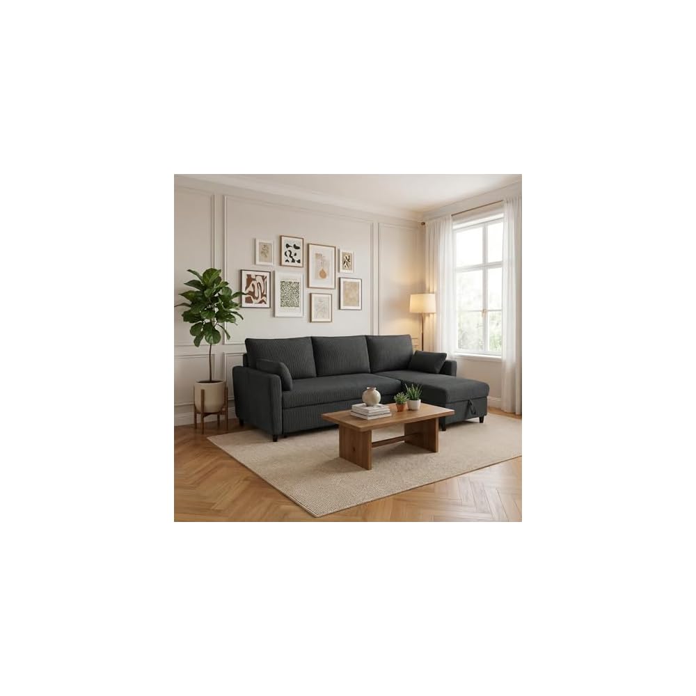 Sectional Sleeper Sofa with Pull Out Bed, L Shape Convertible Sofa Bed Couch with Storage Chaise, 3 in 1 Pull Out Sofa Bed with 3 Seats for Living Room,Apartment, Black, 85Inch