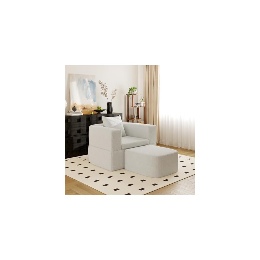 40" Pull Out Couch,2 in 1 Sleeper Sofa Bed,Convertible Sleeper Chair with Pillow Foldable Mattress with Back Support,Teddy Fleece,White