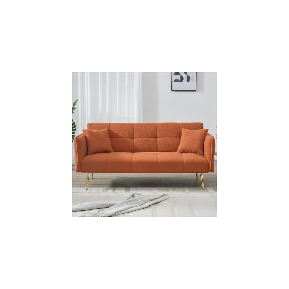 70" Convertible Loveseat Sleeper Sofa Orange,with 3 Reclining Backrests,Covertible Foldable Couch Bed,Teddy Fabric Loveseat Couch for Living Room, Apartment,Office