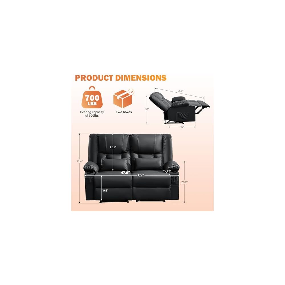 Black Leather Loveseat Recliner with Massage/Heat, Recliner Couch