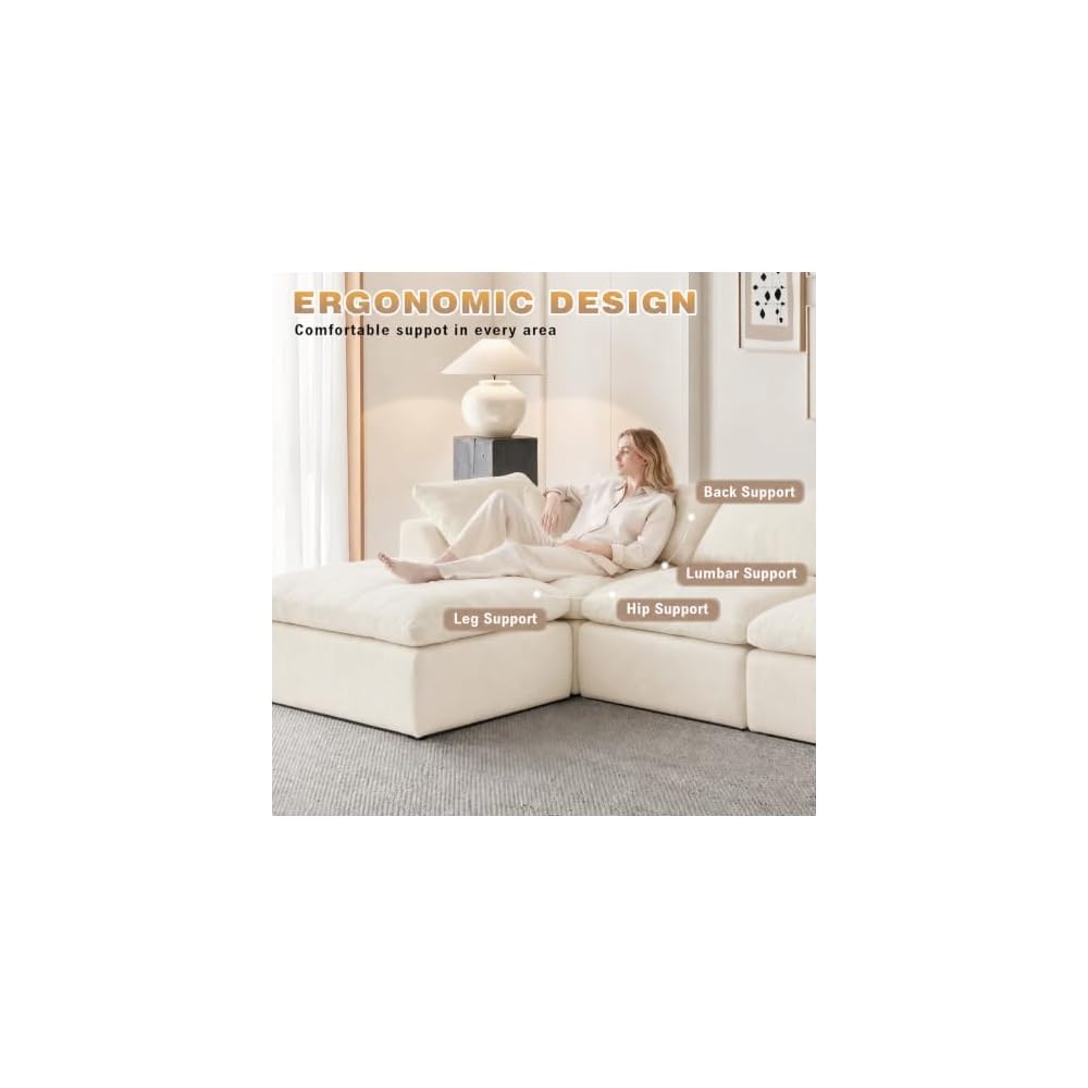 109" Boneless Cloud Couch Sectional for Living Room, Oversized Modular L Shaped Sofa with Ottoman, Deep Seat Chenille Sectional Couch for Cloud-Like Comfort (Creamy White)