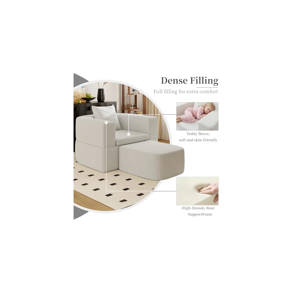 40" Pull Out Couch,2 in 1 Sleeper Sofa Bed,Convertible Sleeper Chair with Pillow Foldable Mattress with Back Support,Teddy Fleece,White