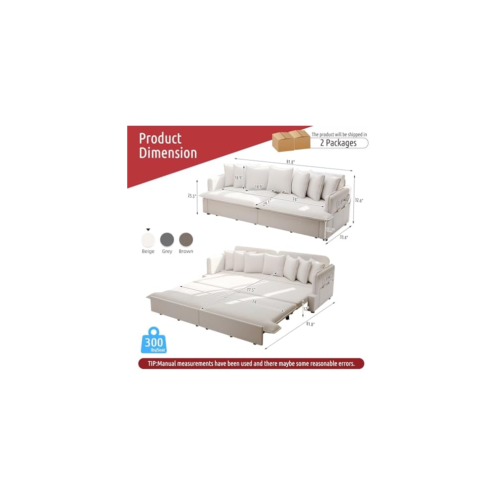 81.8" Sleeper Sofa Bed King Size, 3-in-1 Convertible Corduroy Sofa, Beige