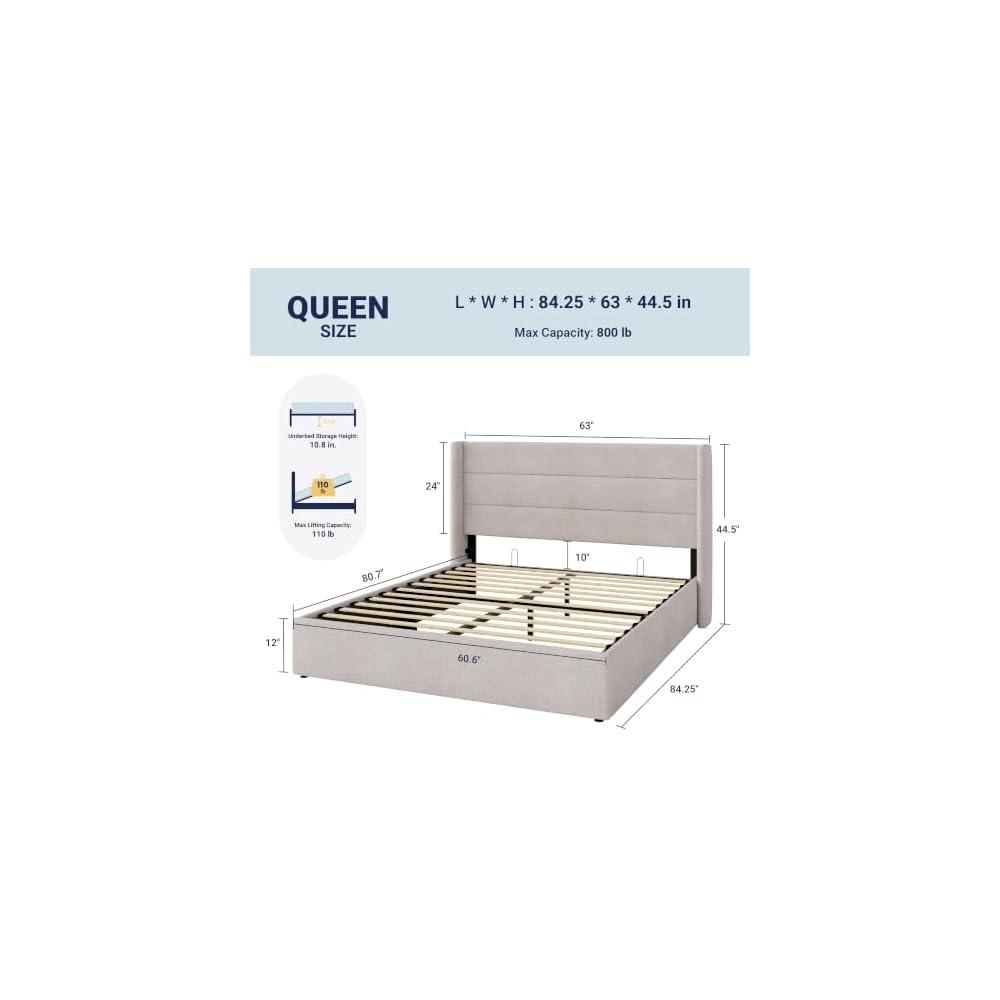 Queen Size Lift Up Hydraulic Storage Bed Frame Light Beige
