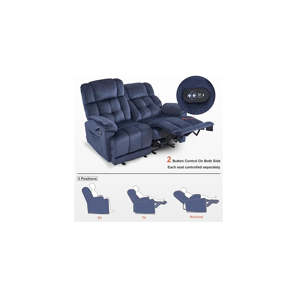 59 in Power Reclining Loveseat with Heat and Massage 6237 (Blue)