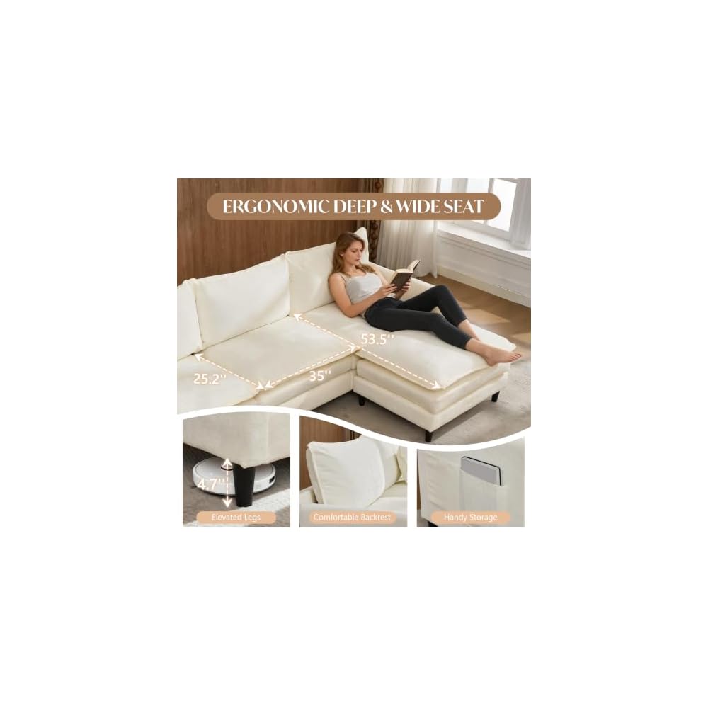 113" Modular Sectional Sofa Comfy Cloud Couch with Movable Ottoman Pillows, Deep Seat Chenille Modular Sofa L Shaped Cloud Sectional Couches for Living Room, Bedroom, Apartment, Beige