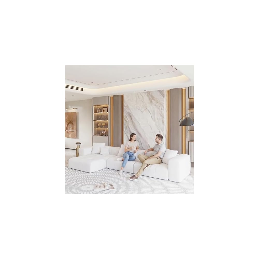 Oversized V Shaped Modular Sectional Sofa, 5-Seat Cloud Couch Breathable Linen Fabric Modern Couches for Living Room/Bedroom/Apartment, Easy Assembly, White