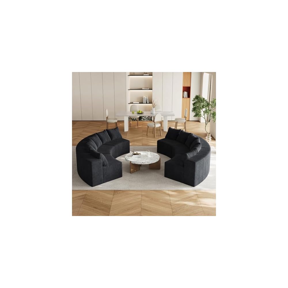 4 Seat Corduroy Curved Sectional Sofa, Symmetrical Modular Semi Circular Couch, Deep Seat Tufted Corner Sofa for Living Room, Lobby, Black