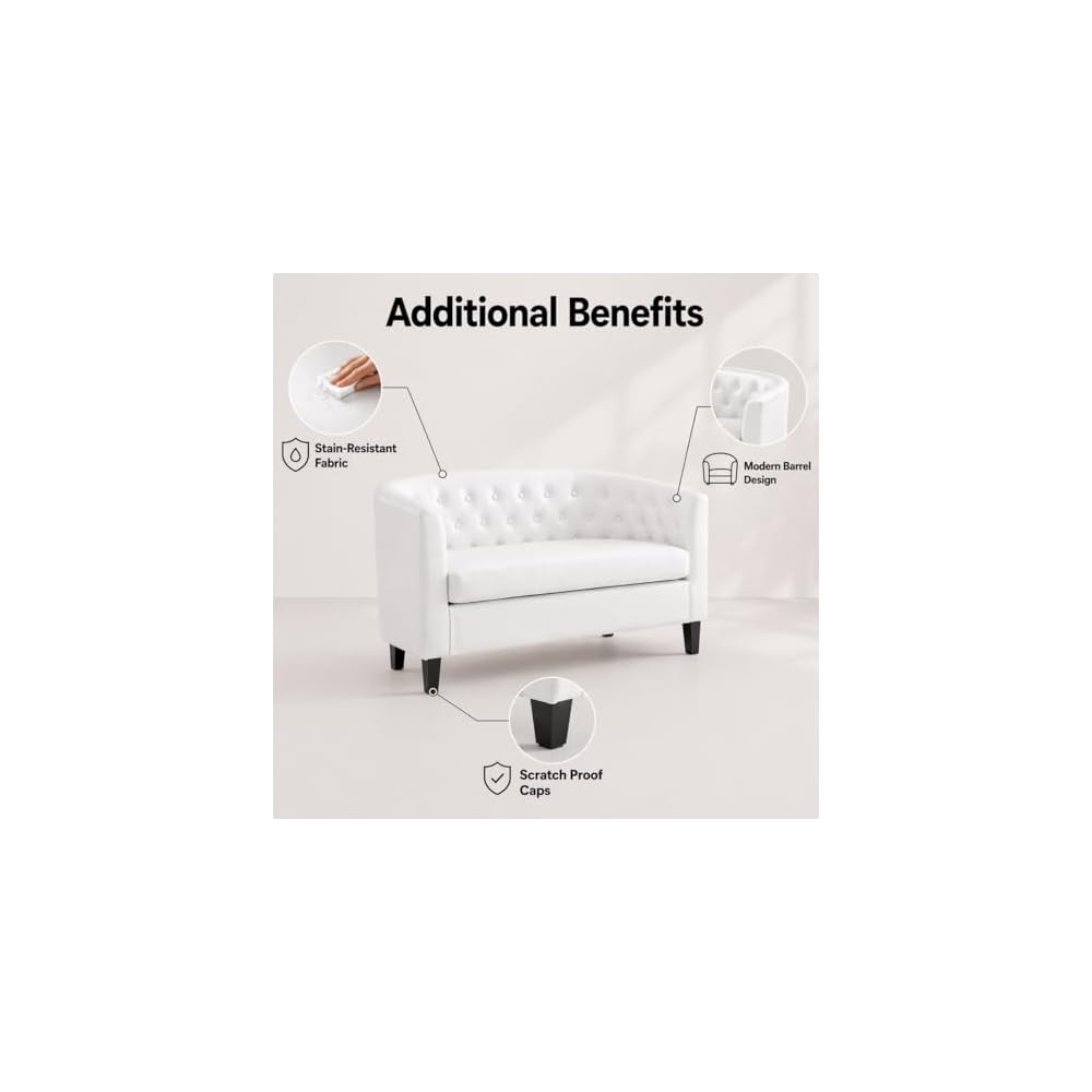 Emma Faux Leather Loveseat Sofa - Tufted Barrel- White