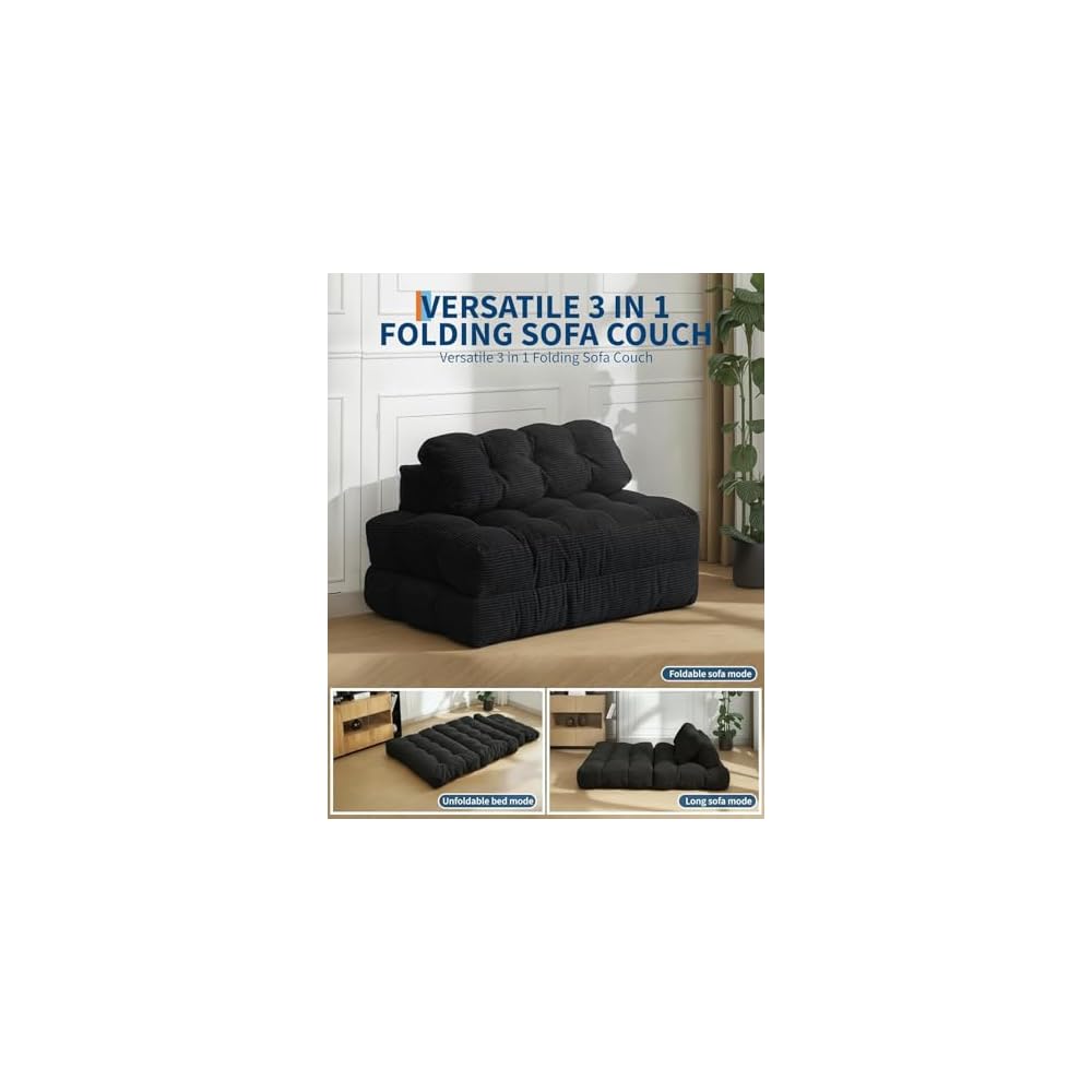 3-in-1 Folding Convertible Sofa Bed with Pillow Foldable Matress with Back Support, Black Double Comfy Portable Sleeper Chair Floor Sofa Lounge for Living Room Bedroom, No Assemble Required
