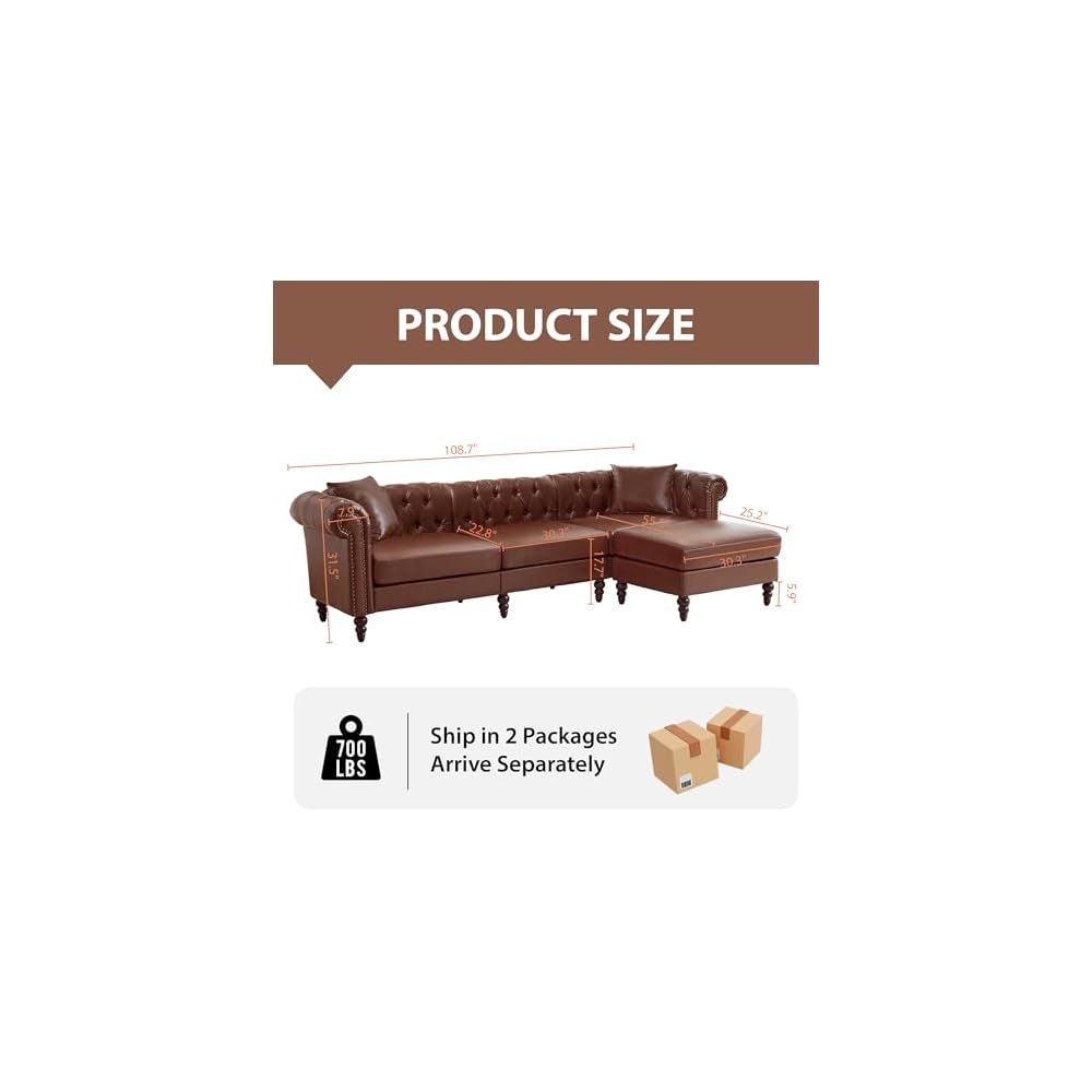 108” L-Shaped Chesterfield Sectional Couch with Movable Ottoman, 4-Seat Couch with Rolled Arms, Upholstered PU Leather, Mid-Century Tufted Corner Sofa for Living Room Bedroom Office (Brown)