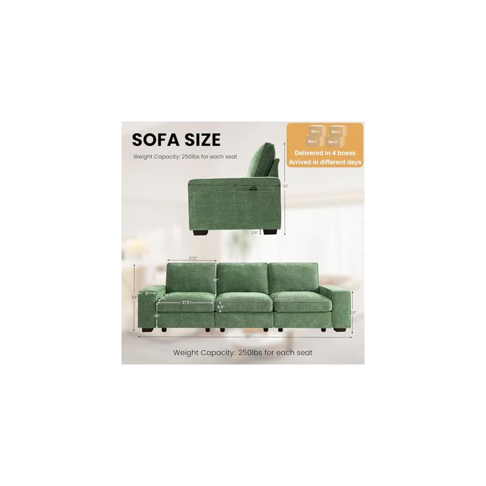 100" Modular Sofa with Seats Storage, Comfy 3-Seater Chenille Fabric Couch for Living Room, Office, Apart W/Deep Seat, USB Charging, Upholstered Couch with Removable Cover(Green)