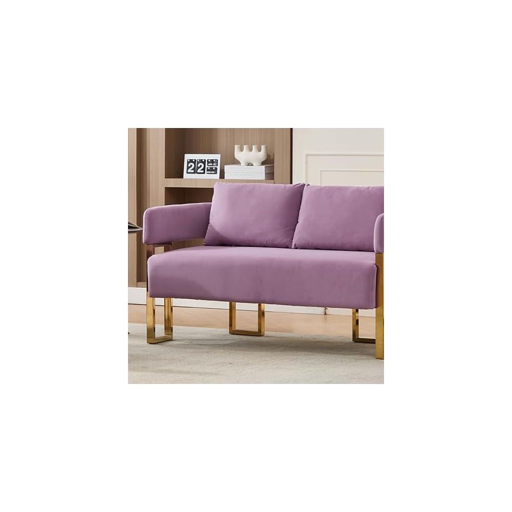 51 Inch Lilac Loveseat Sofa, Teddy Office Love Seat with 2 Pillows for Small Spaces, Small Two Seater Couch with Metal Gold Legs & Side Pockets, Modern Loveseats for Bedroom Living Room (Lilac)