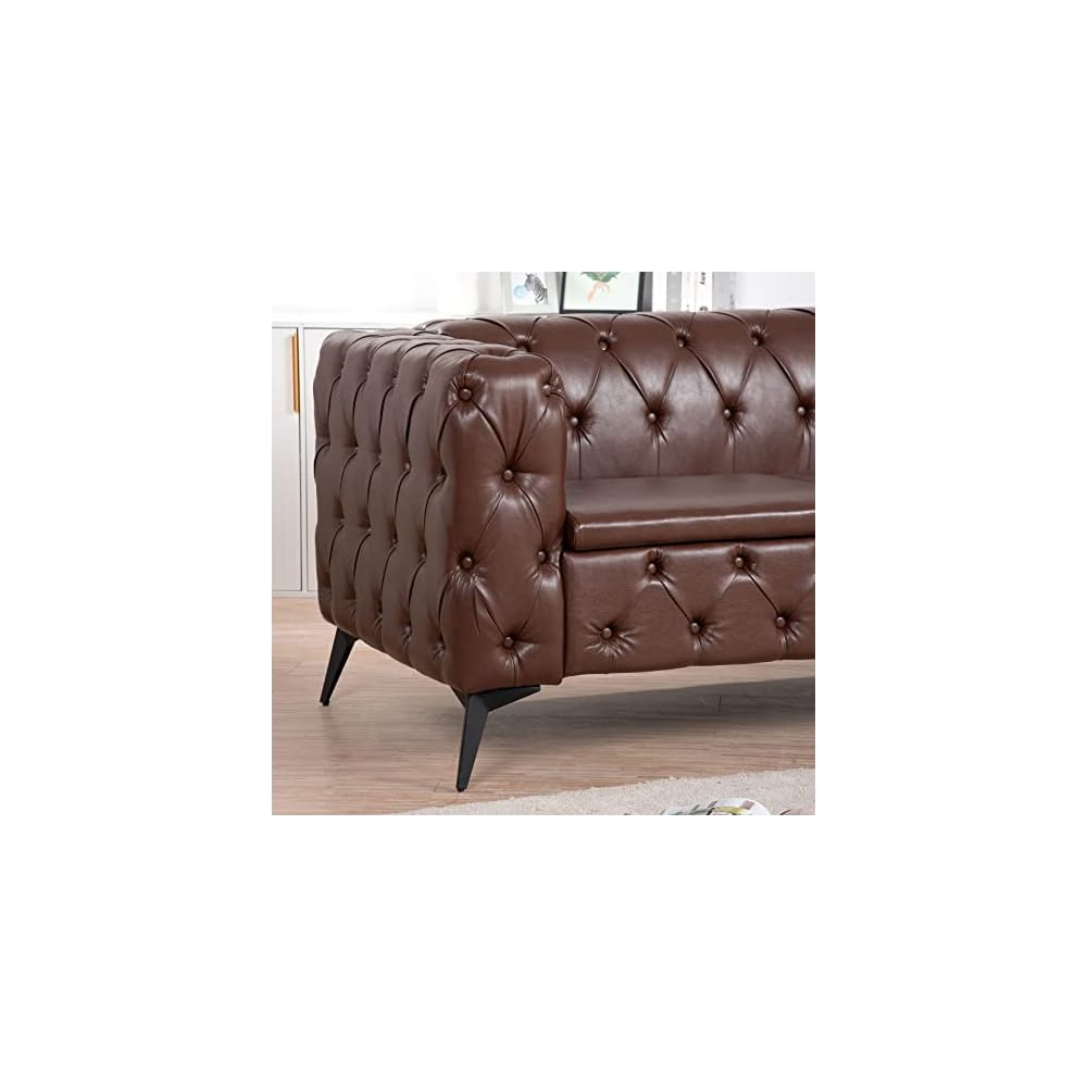 Brown Oversized Sofas for Living Room Modern Tufted Faux Leather Couch Deep Seat Chesterfield Sofa Comfy Classic Tight Pleated Rolled Arms 85” 3 Seater Couches (Brown)