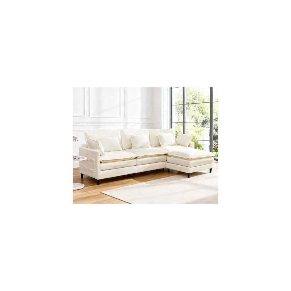113" Modular Sectional Sofa Comfy Cloud Couch with Movable Ottoman Pillows, Deep Seat Chenille Modular Sofa L Shaped Cloud Sectional Couches for Living Room, Bedroom, Apartment, Beige