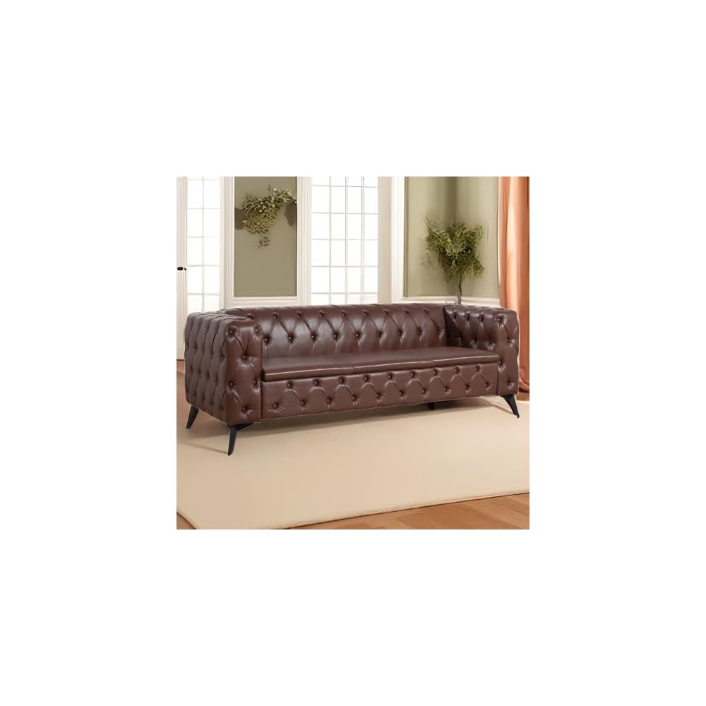 Brown Oversized Sofas for Living Room Modern Tufted Faux Leather Couch Deep Seat Chesterfield Sofa Comfy Classic Tight Pleated Rolled Arms 85” 3 Seater Couches (Brown)