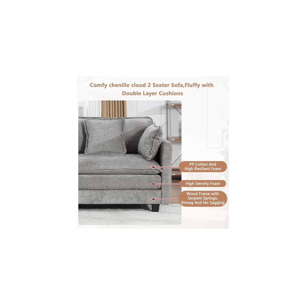 Modular Sectional 2 Seater Cloud Sofa Couch for Living Room,Loveseat Couch with Deep Seat,Modern Chenille 2 Seat Sofas,Fluffy Small Couches for Bedroom,Small Spaces (Grey, 2 Seater)