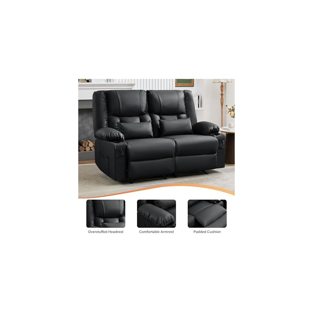 Black Leather Loveseat Recliner with Massage/Heat, Recliner Couch
