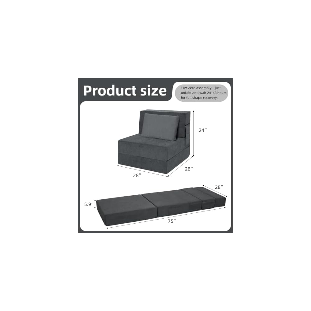Folding Sofa Bed, Convertible Sleeper Chair with Pillow, Fold Out Chair Bed, High-Density Foam Floor Couch Bed, Foldable Futon Couch Lounge for Living Room (Grey, Single)