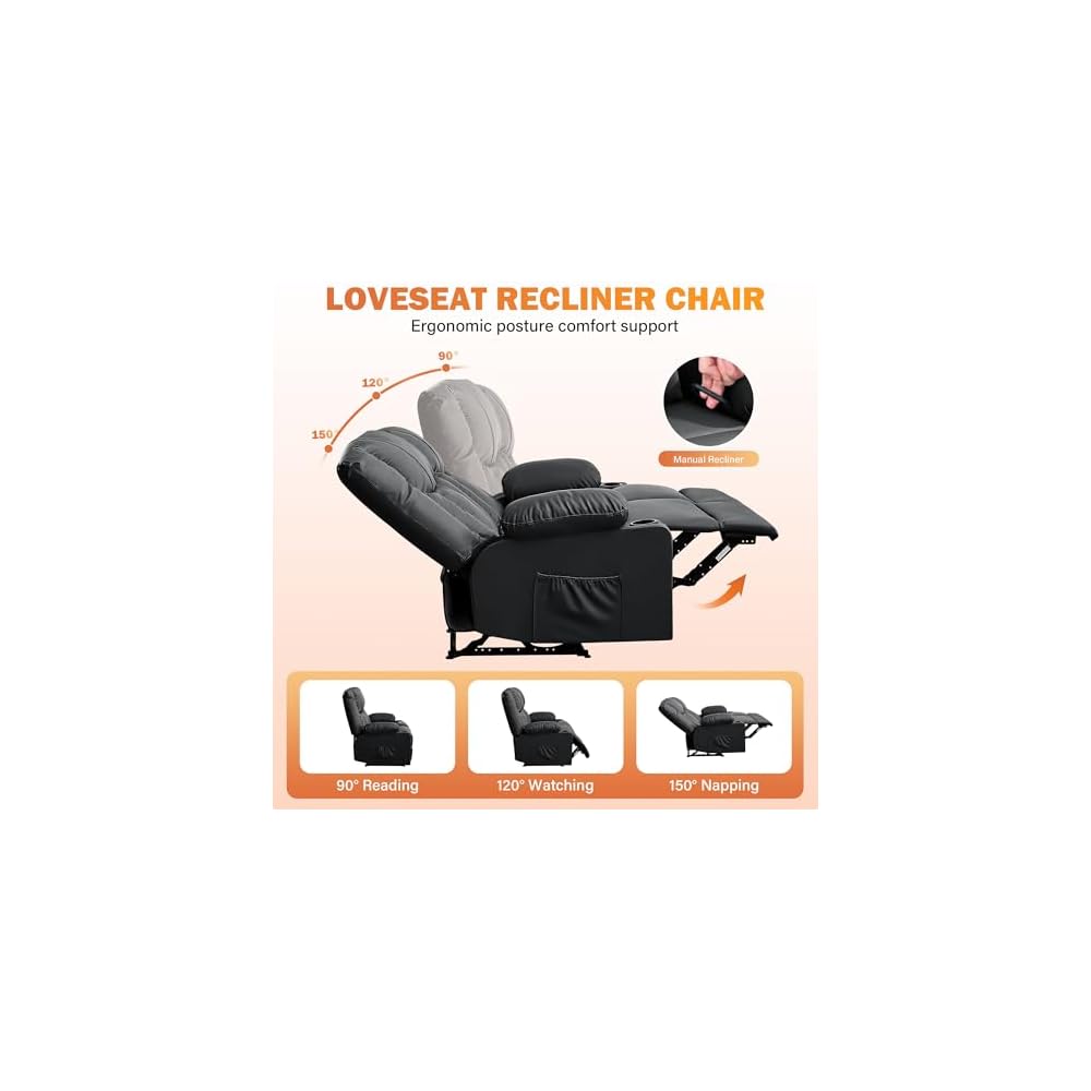 Black Leather Loveseat Recliner with Massage/Heat, Recliner Couch