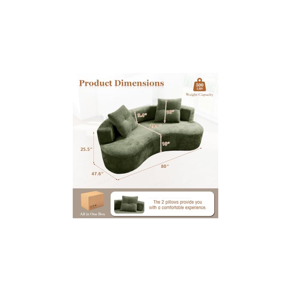 Curved Cloud Boneless Couch, Boucle Fabric Modern Comfy Loveseat Sofa with Deep Seat & 2 Pillows, Upholstered Oversized Couch for Living Room, Bedroom, Apartment, No Assembly Required(Green, 80" W)