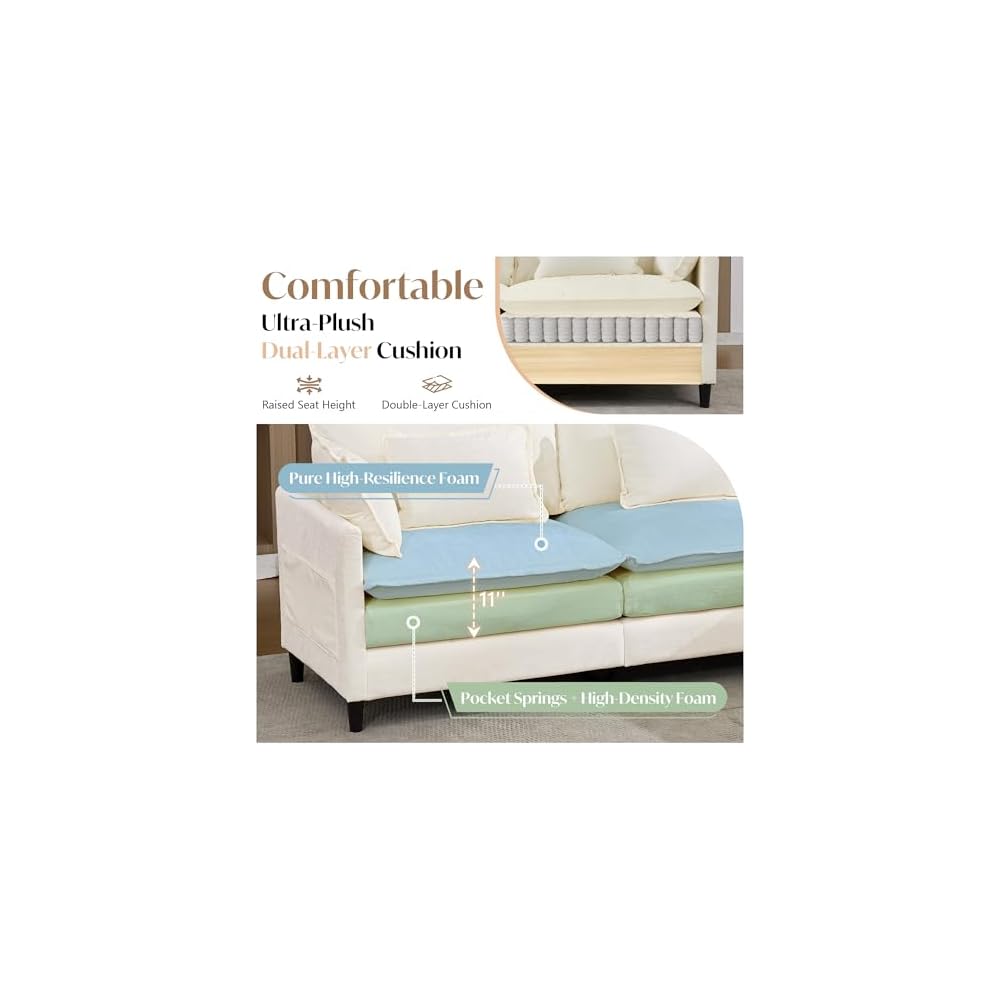113" Modular Sectional Sofa Comfy Cloud Couch with Movable Ottoman Pillows, Deep Seat Chenille Modular Sofa L Shaped Cloud Sectional Couches for Living Room, Bedroom, Apartment, Beige
