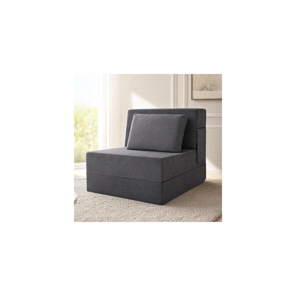 Folding Sofa Bed, Convertible Sleeper Chair with Pillow, Fold Out Chair Bed, High-Density Foam Floor Couch Bed, Foldable Futon Couch Lounge for Living Room (Grey, Single)