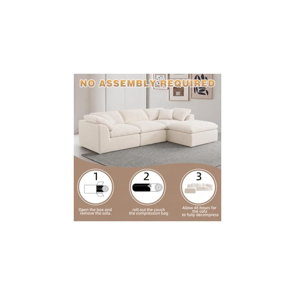 109" Boneless Cloud Couch Sectional for Living Room, Oversized Modular L Shaped Sofa with Ottoman, Deep Seat Chenille Sectional Couch for Cloud-Like Comfort (Creamy White)
