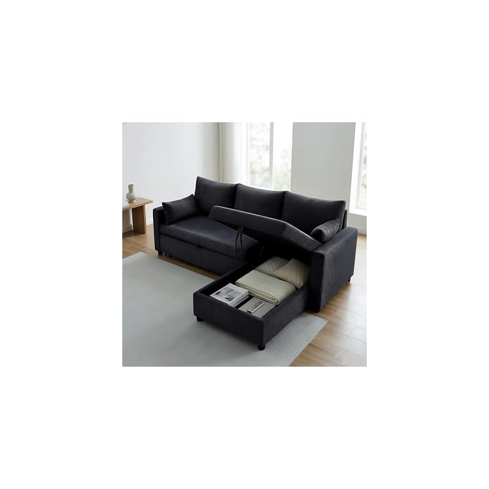 Sectional Sleeper Sofa with Pull Out Bed, L Shape Convertible Sofa Bed Couch with Storage Chaise, 3 in 1 Pull Out Sofa Bed with 3 Seats for Living Room,Apartment, Black, 85Inch