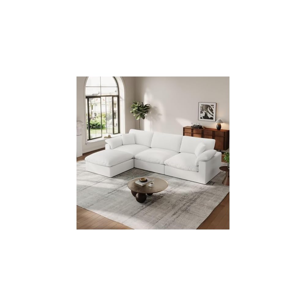 Cloud Modular Couch for Living Room,L Shape Linen Blend Sofas,Modern Deep Seat Cloud Sofas,Convertible Comfort Down Filled Sectional Couches,Removable Washable Cushion Covers,White