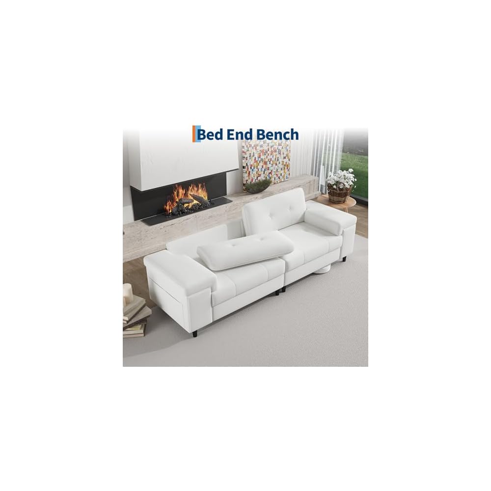 85" Modern Chenille Sofa with Adjustable Armrests, Deep Seat 3-Seater Couch with Button-Tufted Back, Multi-Functional Upholstered Loveseat for Living Room & Bedroom, Easy Assembly (Beige)