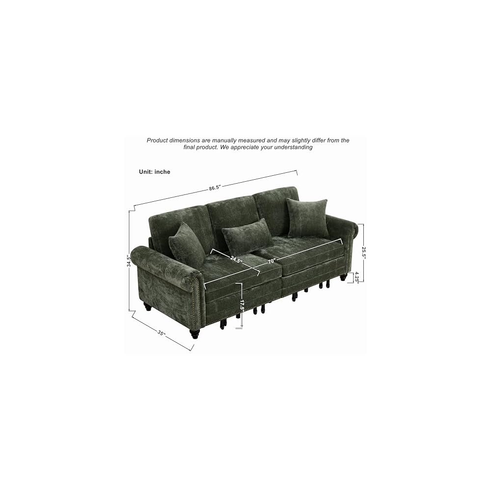 King Size Pull Out Sofa Bed 3 in 1 Classic Modern Convertible Sleeper Chenille Upholstery Nailhead, Rolled Arm Sturdy Metal Frame 600 lbs for Living Room Apartment Office Small Spaces, Green