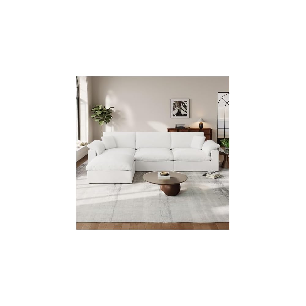 Cloud Modular Couch for Living Room,L Shape Linen Blend Sofas,Modern Deep Seat Cloud Sofas,Convertible Comfort Down Filled Sectional Couches,Removable Washable Cushion Covers,White