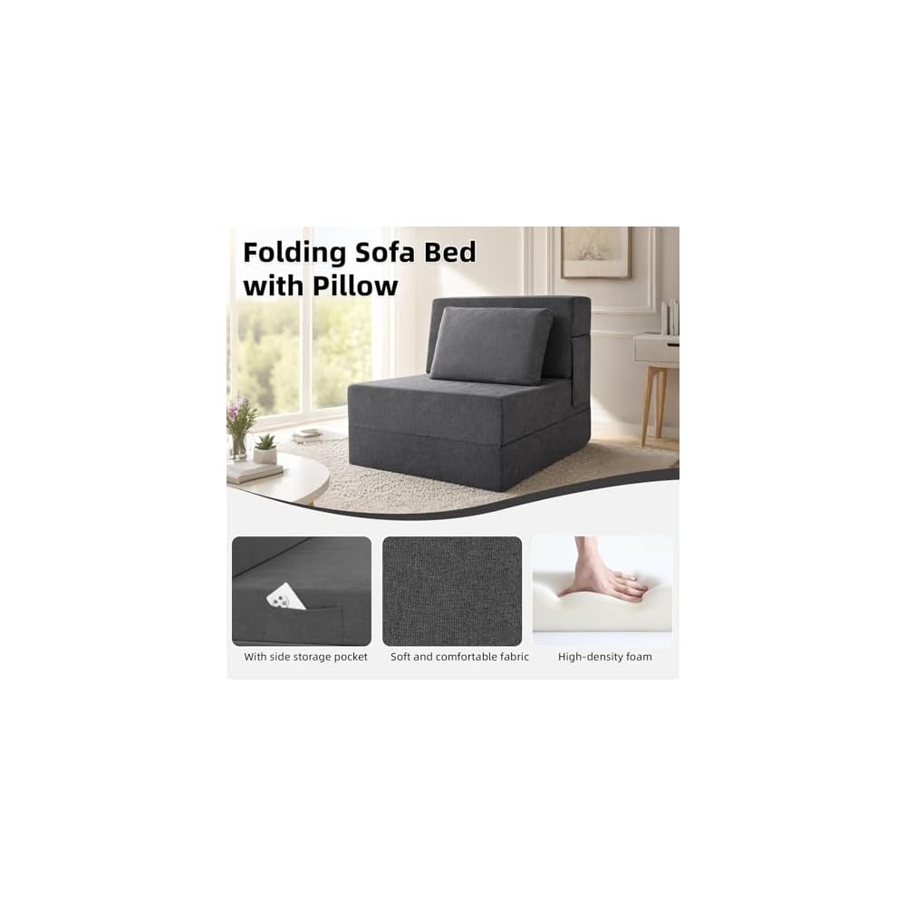 Folding Sofa Bed, Convertible Sleeper Chair with Pillow, Fold Out Chair Bed, High-Density Foam Floor Couch Bed, Foldable Futon Couch Lounge for Living Room (Grey, Single)
