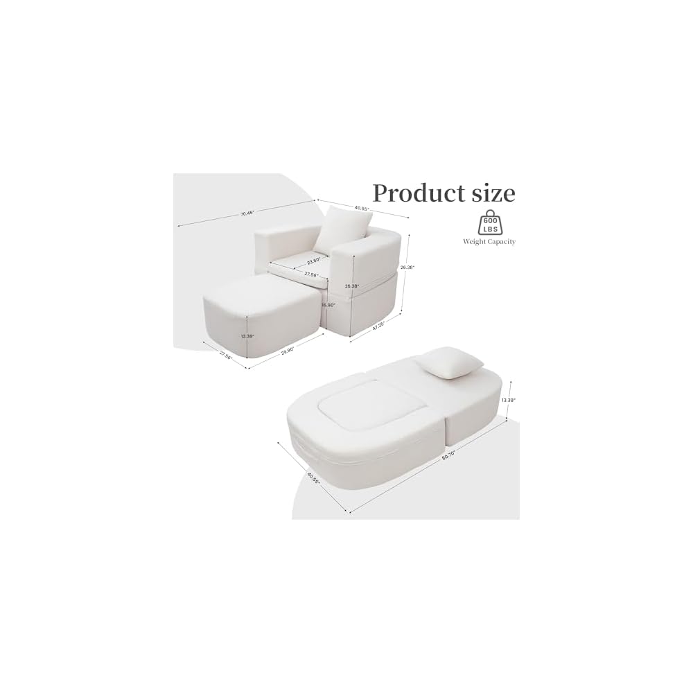 40" Pull Out Couch,2 in 1 Sleeper Sofa Bed,Convertible Sleeper Chair with Pillow Foldable Mattress with Back Support,Teddy Fleece,White