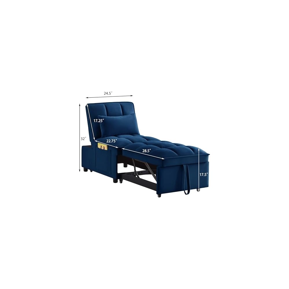4 in1 Multi-Function Single Sofa Bed with Storage Pockets,Tufted Single Pull-Out Sofa Bed with Adjustable Backrest and Pillows,Convertible Chaise Lounge,for Small Room Apartment (Navy)