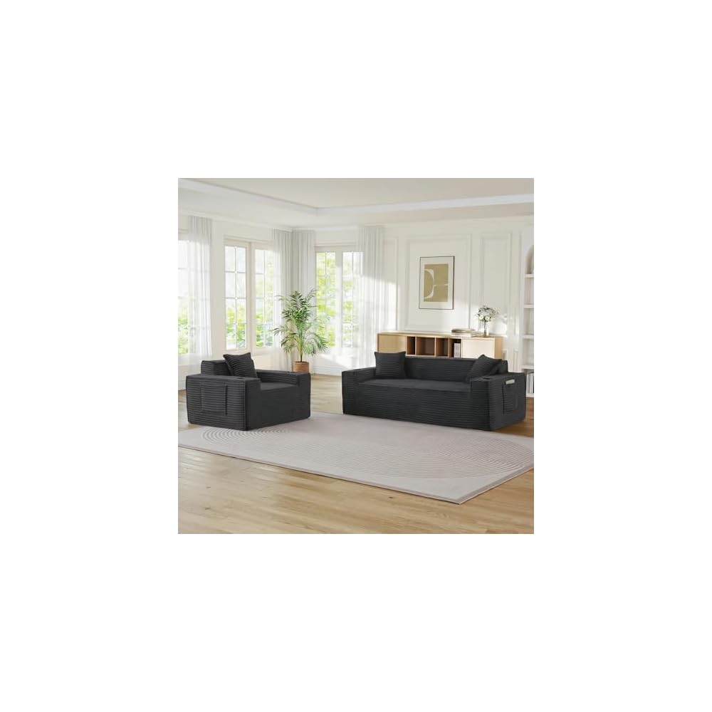 2 Piece Upholstered Sofa Set, 3-Seater Corduroy Cloud Couch & Arm Chair with Cup Holders & Side Pocket, Comfy Boneless Couch, Compressed Sofa for Living Room, Bedroom(Grey, 43.3" W+80.7" W)