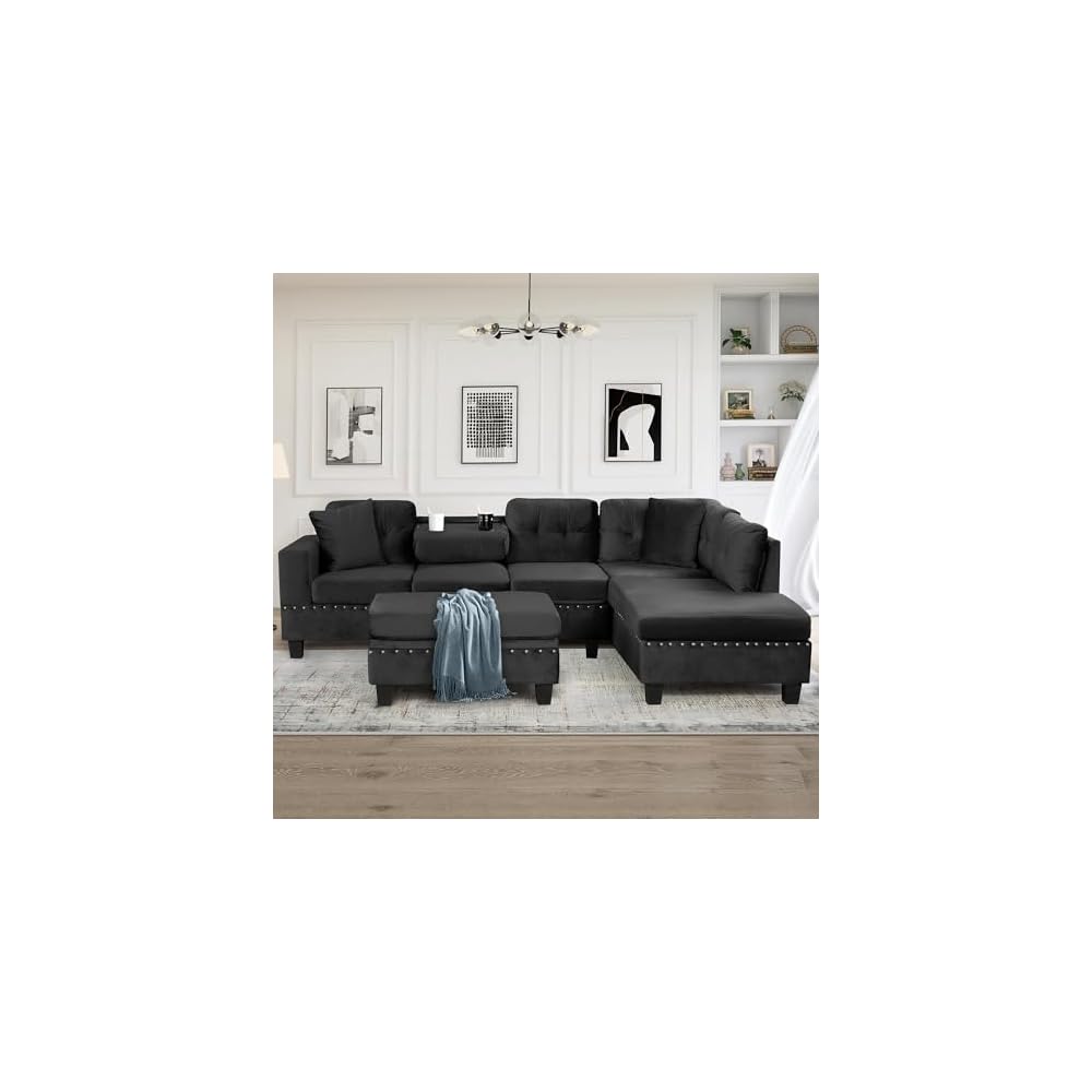 L-Shape Sectional Couch with Storage Ottoman,105" Couches for Living Room W/ 2 Pillows & Cup Holders,6 Seat Velvet Sleeper Sofa W/Reversible Chaise,Comfy Couches for Apartment,Black