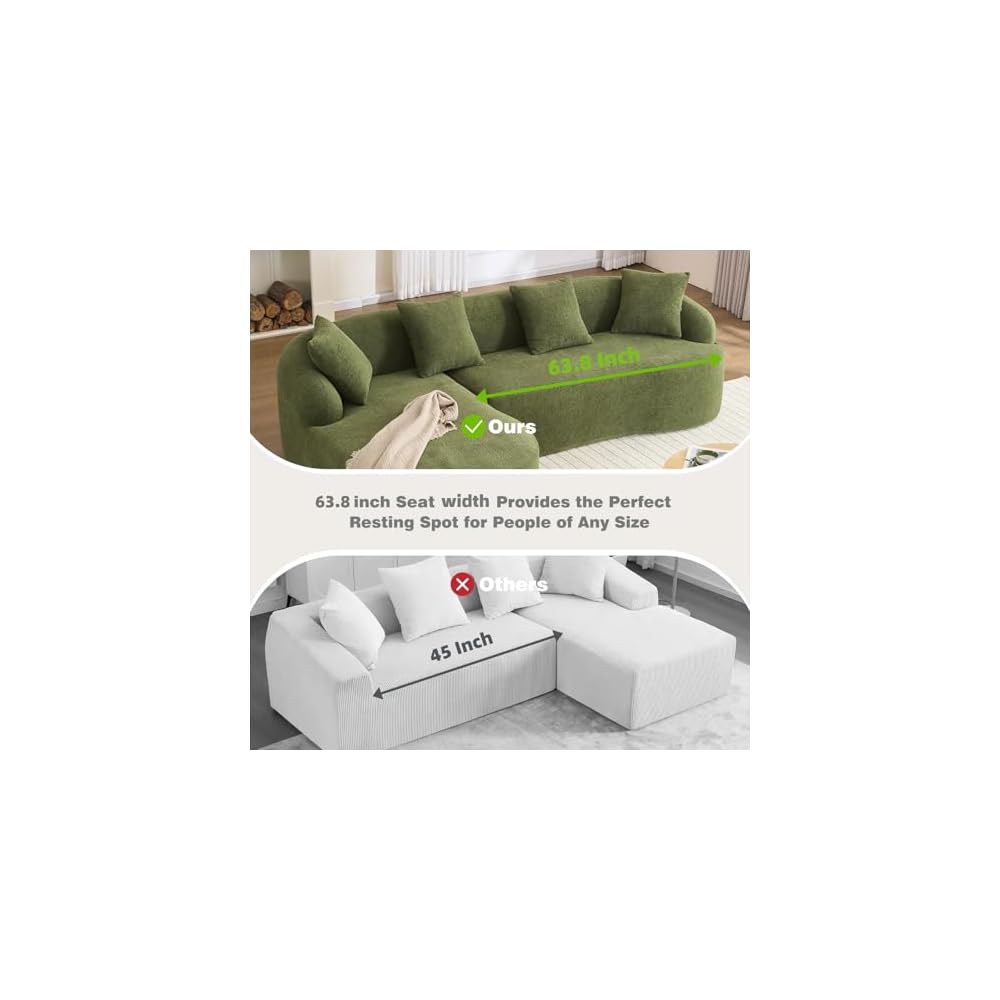 99" Curved Sofa with L-Shape Chaise,Modern Cloud Curved Couch with Deep Seat,No Assembly Required,Upholstered Oversized Couches for Living Room,Apartment (Green, 99Inch)
