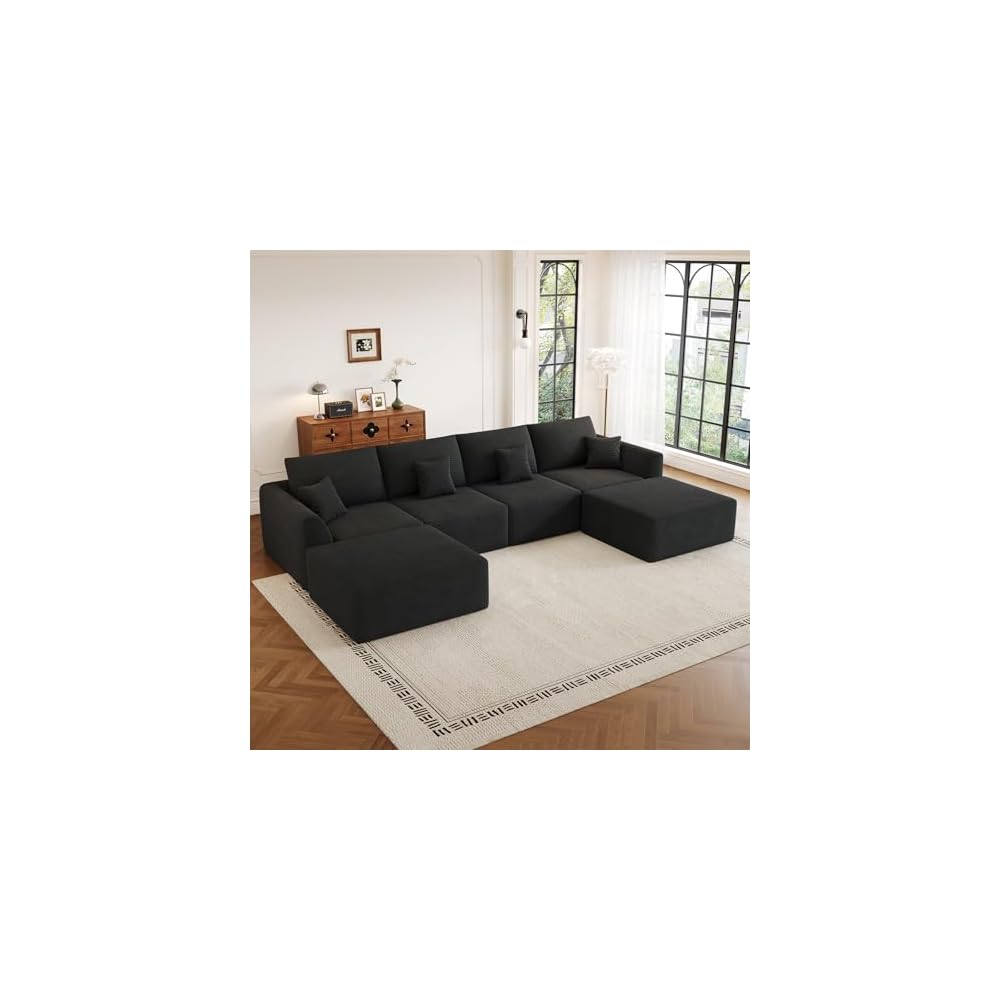 130" Modular Sectional Cloud Boneless Couch for Living Room, Black