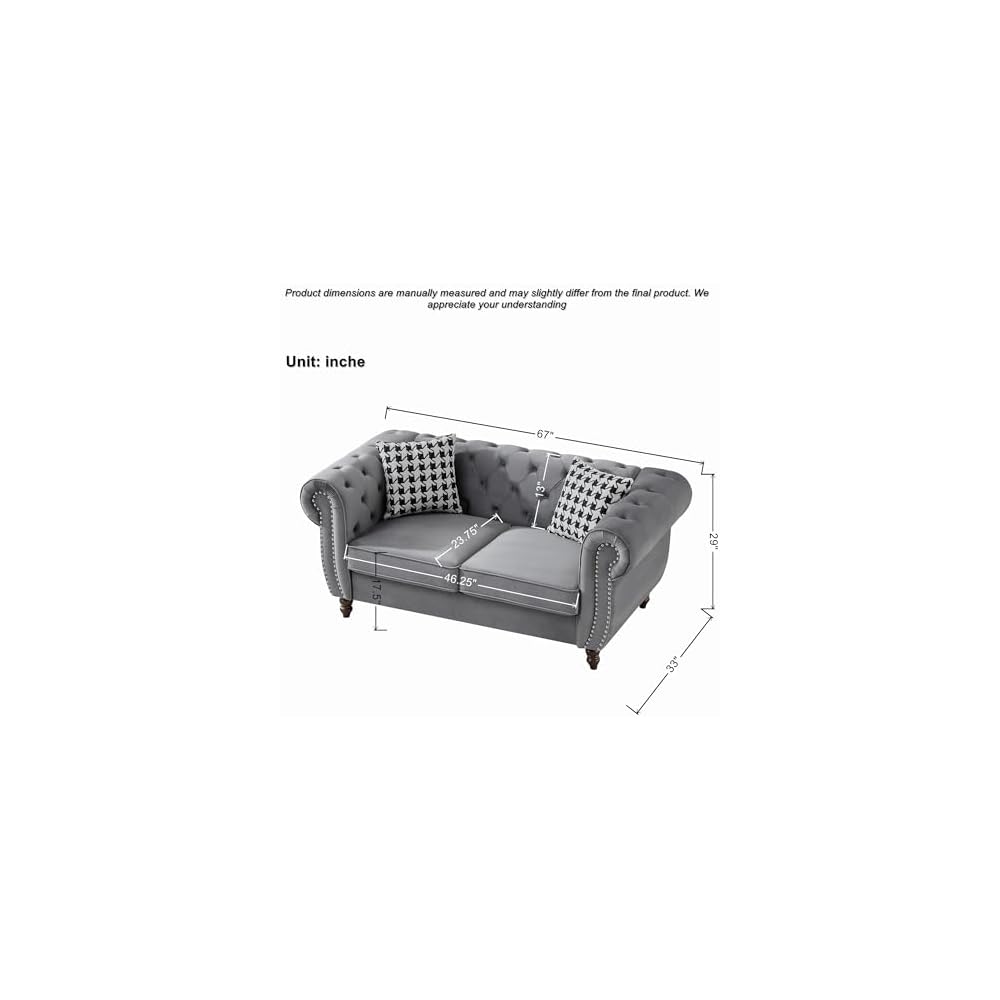 Loveseat, Velvet Fabric Two- Seater Couch, Buckle Design and Rivet Decoration, Deep Seated Double Sofa, Suitable for Living Room, Bedroom, Apartment, Hotel, etc (Gray) (Gray)