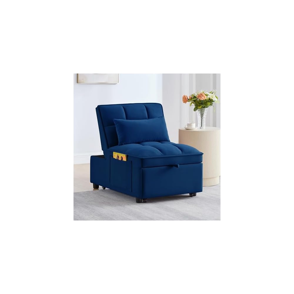 4 in1 Multi-Function Single Sofa Bed with Storage Pockets,Tufted Single Pull-Out Sofa Bed with Adjustable Backrest and Pillows,Convertible Chaise Lounge,for Small Room Apartment (Navy)