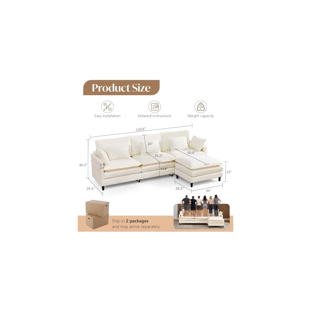 113" Modular Sectional Sofa Comfy Cloud Couch with Movable Ottoman Pillows, Deep Seat Chenille Modular Sofa L Shaped Cloud Sectional Couches for Living Room, Bedroom, Apartment, Beige